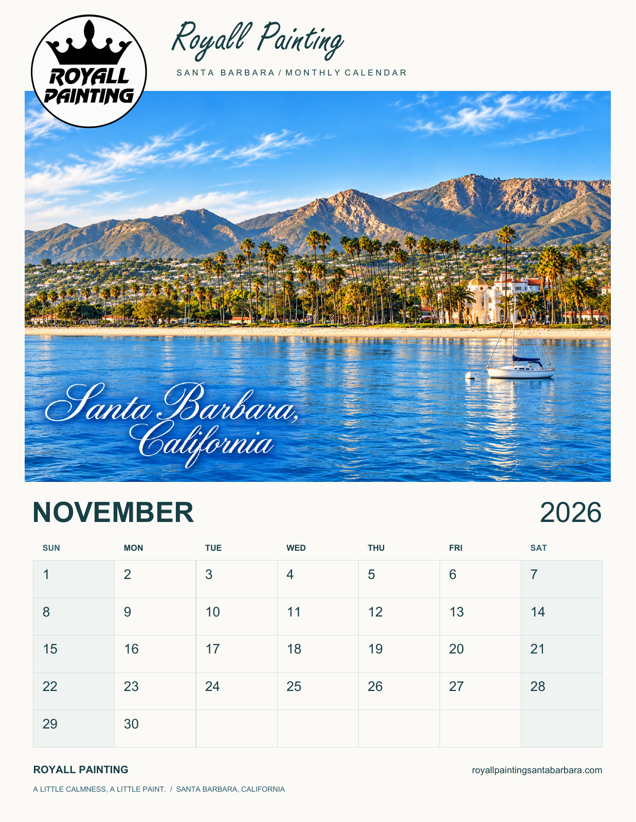 Royall Painting Santa Barbara calendar for November 2026, with the actual crown logo, white cursive Santa Barbara, California lettering and a Sunday-start monthly grid