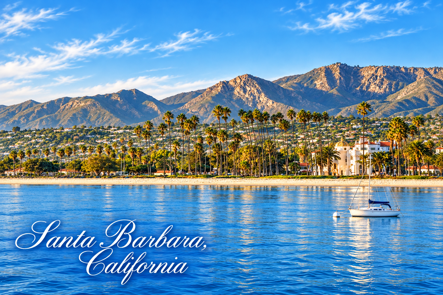 Santa Barbara waterfront and sailboat with white cursive Santa Barbara, California lettering, scenic calendar illustration